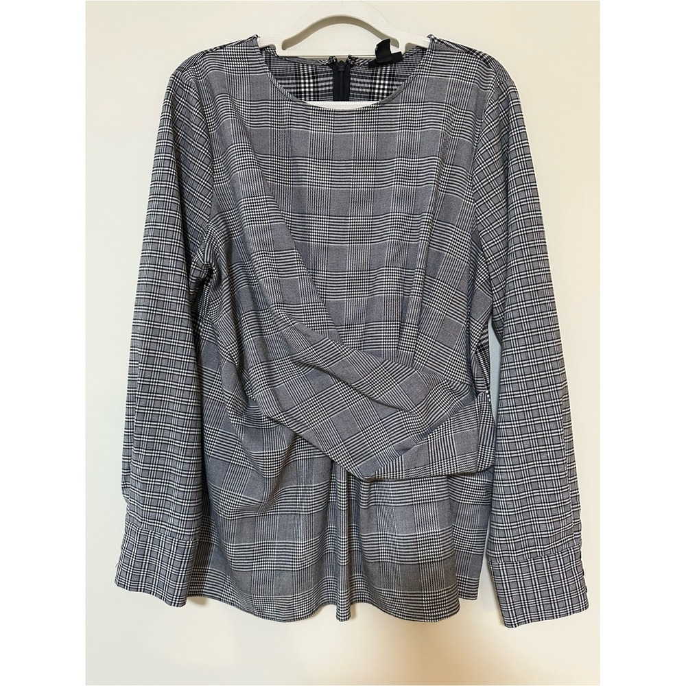 Office Dark Academia Halogen Long Sleeve Blouse L Gray Plaid Twist Front Top